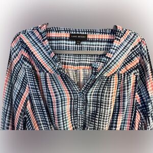 Lane Bryant 14/16 Plaid Boho Peplum Blouse Blue Coral Rayon Flowy Top